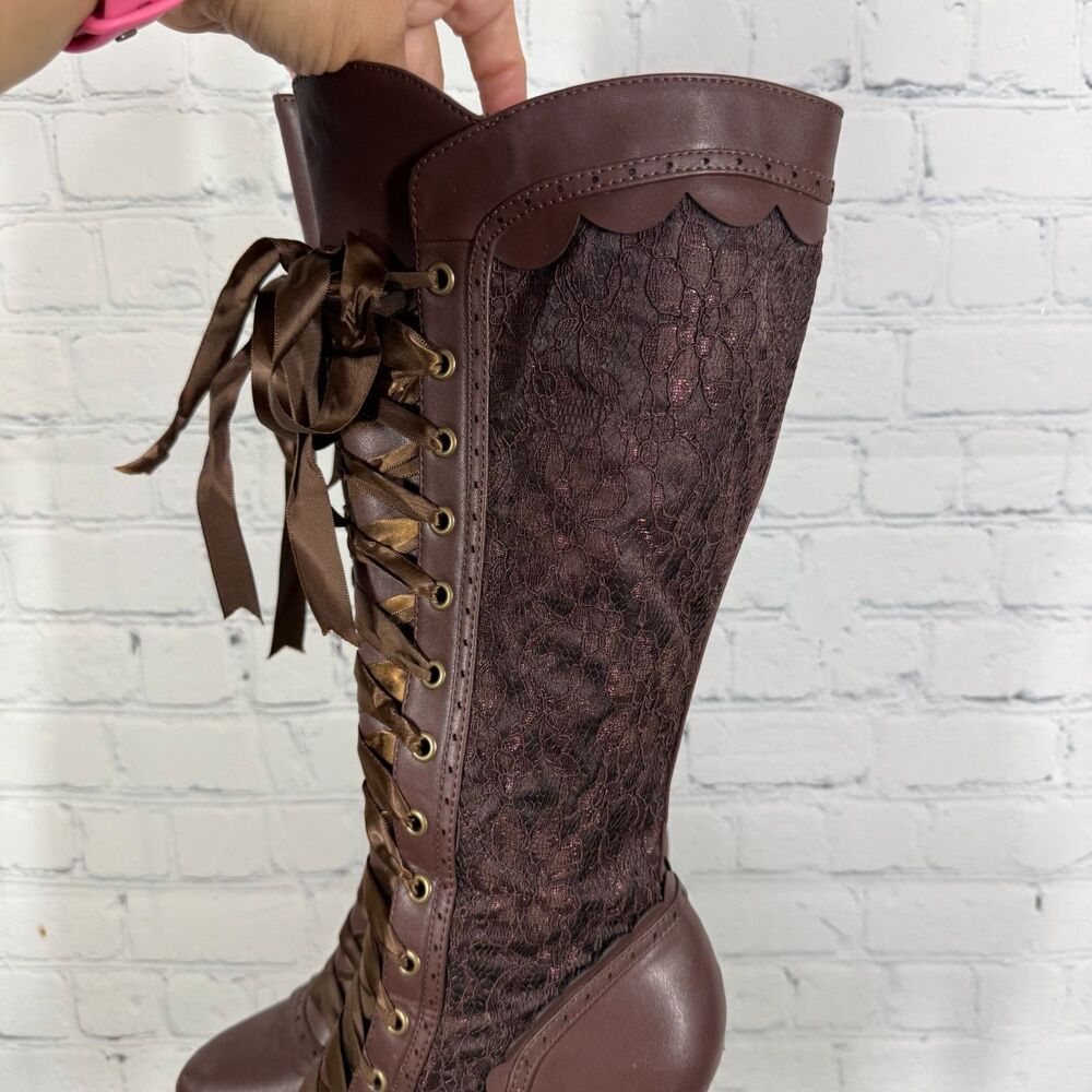 Ellie Victorian Steampunk Lace Up Knee High Boots Size 7 Brown Platform Goth - Picture 14 of 16